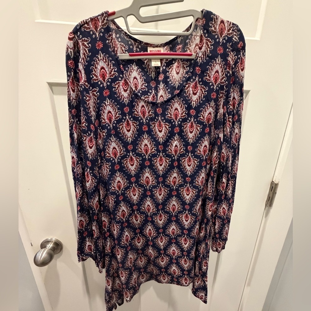 Mossimo Supply Co Boho Paisley Tunic Top Navy Red Rayon Long Sleeve Size L